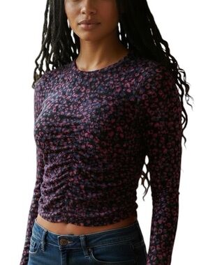 Eclair Ruched Long Sleeve Floral Tee - Pink on Black